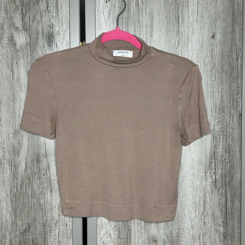 Babaton Cropped Top Ribbed Short Sleeves Beige Tan Color